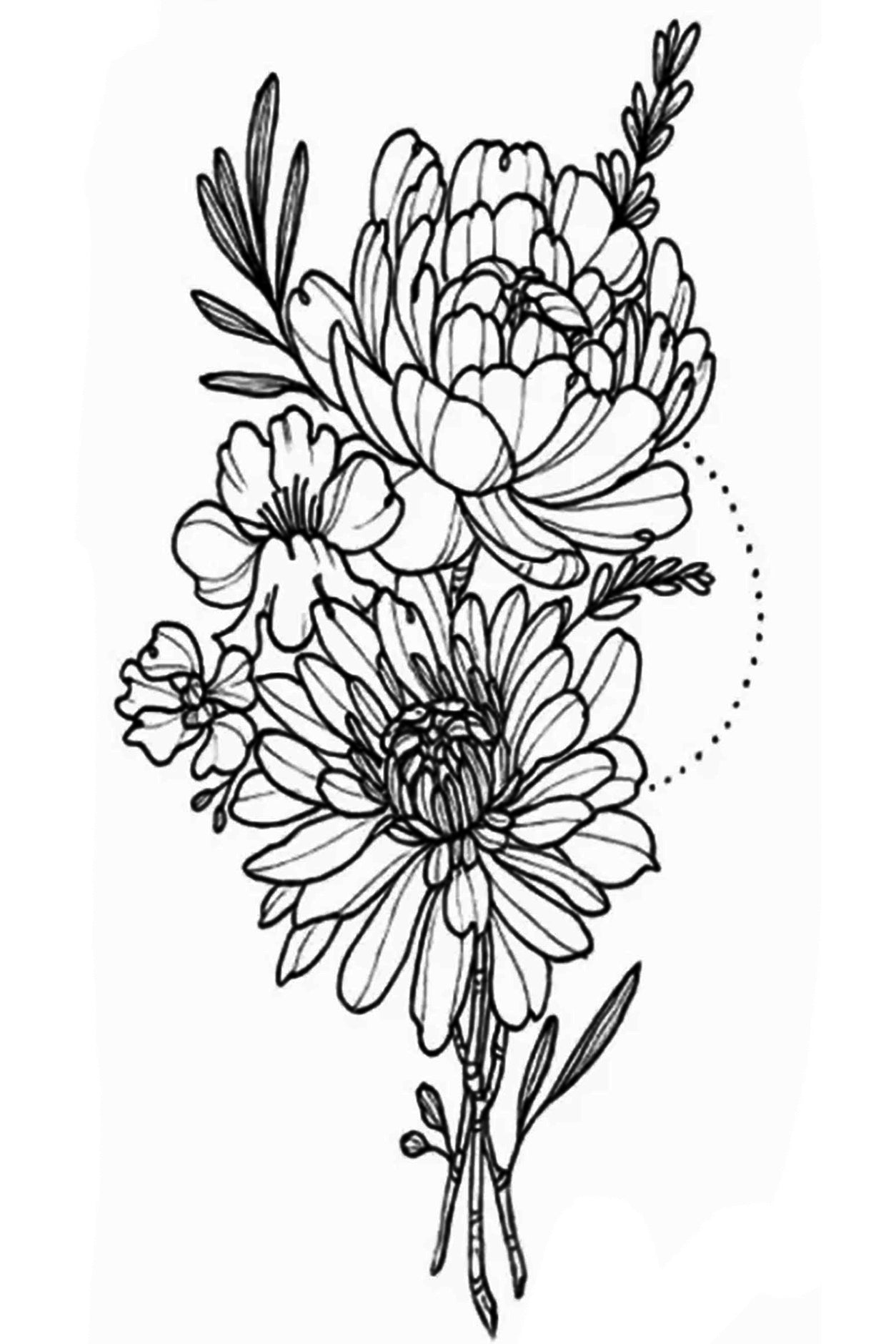Giant chrysanthemums are coming into full bloom in a delicate artistic spray. This tag is done in the traditional tattoo-ink look for maximum realism. Lovingly referred to as the queen of the fall flowers, the “mum” is symbolic for many reasons. Mums symbolize joy, life, friendship, luck, and rebirth. Part of the flower's beauty is its resilience in a sudden environmental change.