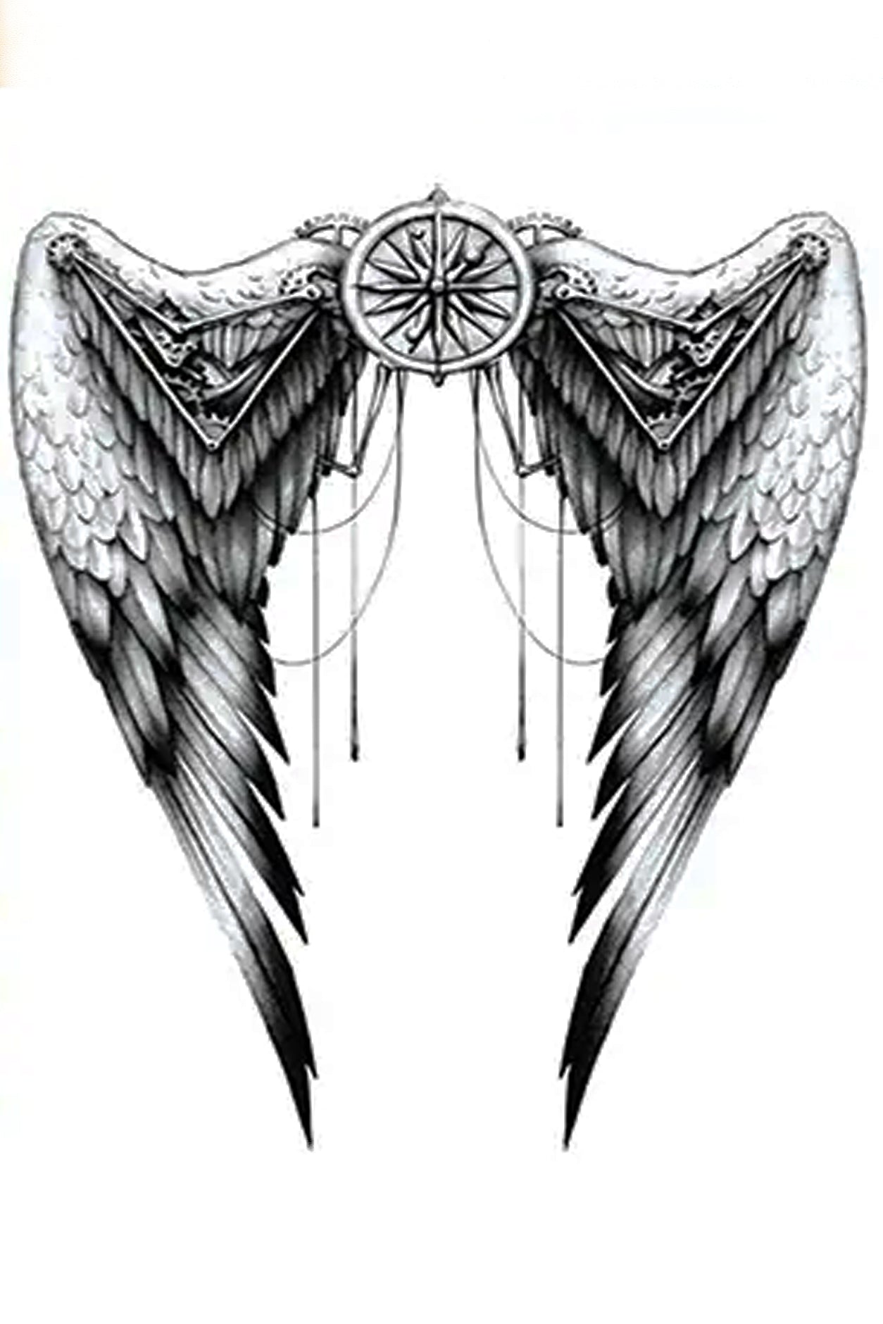 Angel wings symbolize protection and strength. The added gears in the wings of this spiritual design give it motion and freedom. The gears could also include a steampunk version creating an angelic mechanical impression. Feel free to display this exclusive tat on any part of your body and enjoy it for 7 to 12 days.