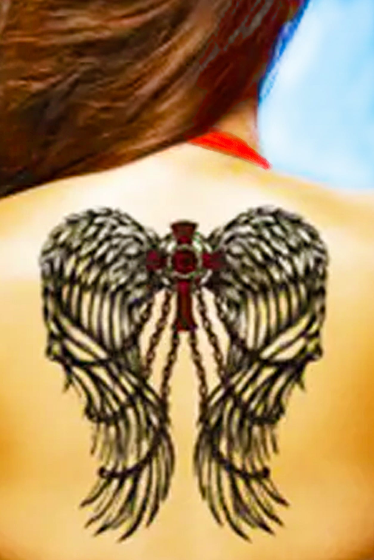 A girl displays the angel wings on her back. A sign of love, spirituality, uniqueness, and protection.