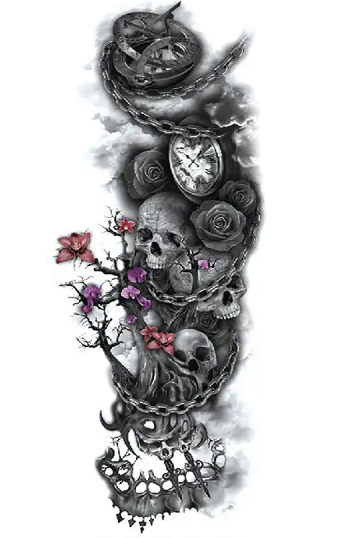 Intertwined with the Tree of Life are three skulls bound and supported by a chain. Clocks and roses add the symbolization that love and life are fleeting. The artwork is tied together with misty clouds and a few pink orchids that represent everlasting love. Enjoy this poignant artwork from wrist to shoulder, leg, or back.