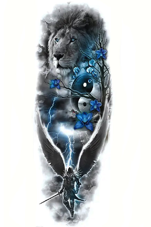 Everything in the universe contains yin and yang and can be explained through the yin yang theory. In this temporary tattoo, the dark angel is descending from heaven. The lion represents power, strength, fearlessness, and strength in heaven above. The trees and flowers symbolize the beauty of the earth itself. This primarily black ink tat has accents of blue in the earthly items of flowers, lightning, and blossoms. Display this artwork on an arm, leg, or back.