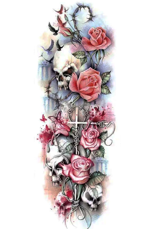 Pink roses wrap gentle vines around a white cross and assorted skulls in this beautiful representation of the appreciation of life. The background has Roman structures and a soft light blue hatching texture. Wear this artwork as a full arm sleeve, leg, or back tattoo.