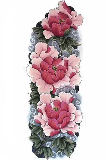 Pink flowers represent grace, gentility, and happiness. These big, fluffy flowers are nested in soft green leaves and swimming grey clouds. This extremely attractive full-arm sleeve is perfect for any gender. Leaves and swirling clouds start at the wrist, and a giant pink petal ends at the top of the shoulder.