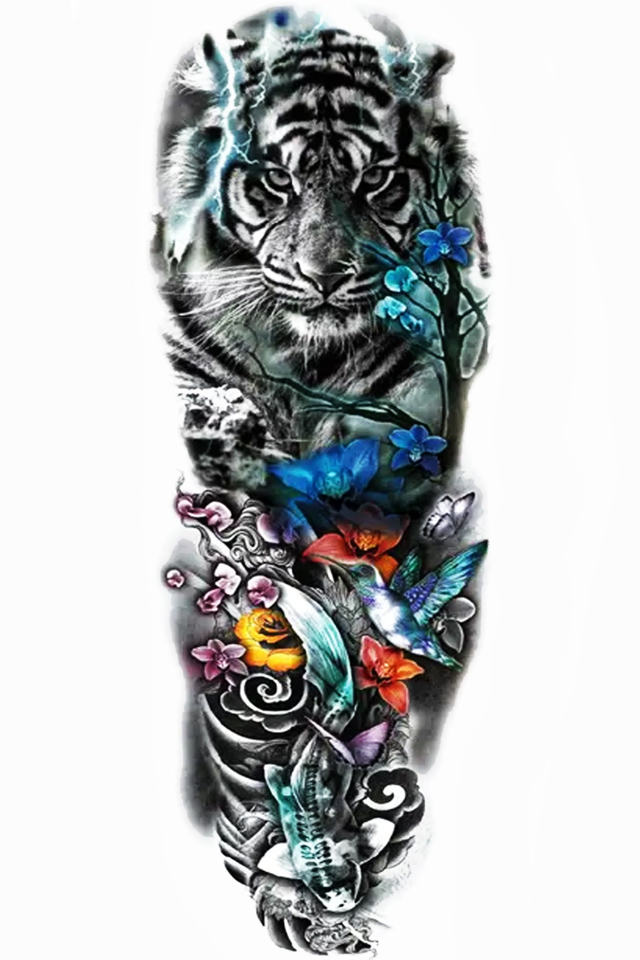 Intelligence, beauty, devotion, and love are symbols that all of these creatures stand for. The tiger, hummingbird, koi fish, and monarch butterfly are all fierce fighters and defenders of their territory, regardless of size. This sleeve has many colors highlighting each of the fierce, intelligent creatures; wear it on the arm, back, or leg.