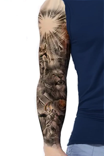 A guy in a dark blue shirt displays the Spartan warrior full sleeve temporary tattoos.