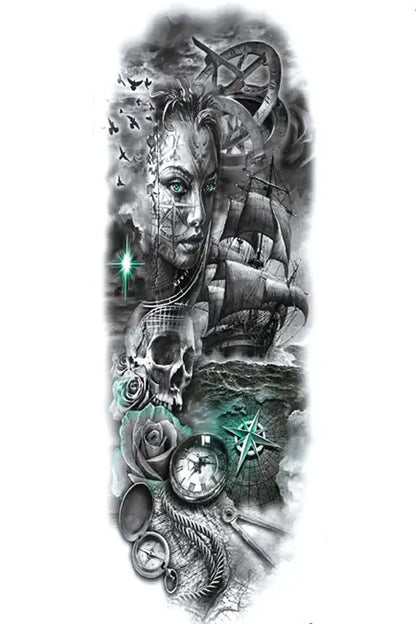 Maps, sextons, compasses, and watches direct this full-topsail pirate ship artwork for the arm. It has a lovely pirate lady, skulls, crows, and roses. The background is the dark ocean with a rocky coastline in the background. This is a beautiful collage of pirate items to grace anyone’s arm, leg, or back.