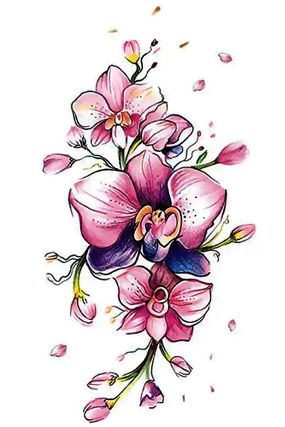 This tattoo of three pink orchids symbolizes grace, gentleness, innocence, happiness, and playfulness. The bouquet is just bursting with vivacity as petals scatter from the main design.