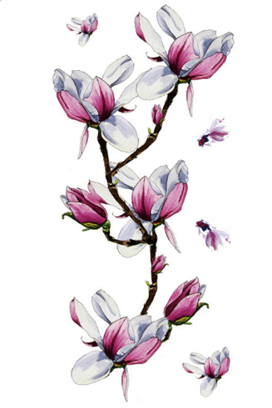 Magnolia buds are ready to bloom into a large, vibrant flower. Wear this tat vertically or horizontally around an arm or ankle. This artistic rendering has small buds that can be placed strategically and separated from the stem. Wear the vine on a wrist with the buds falling down to your fingers.