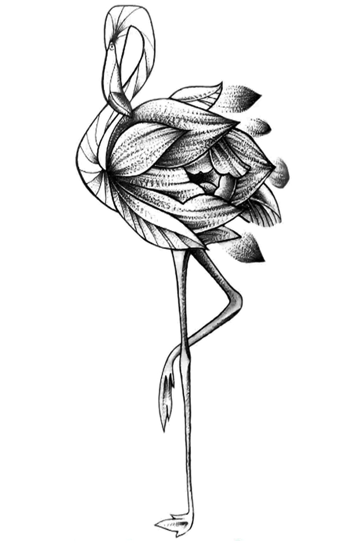 An artistic version of a flamingo, feathers are leaves and petals. This tag is shadowed for texture and bounce. A very realistic traditional inked look.