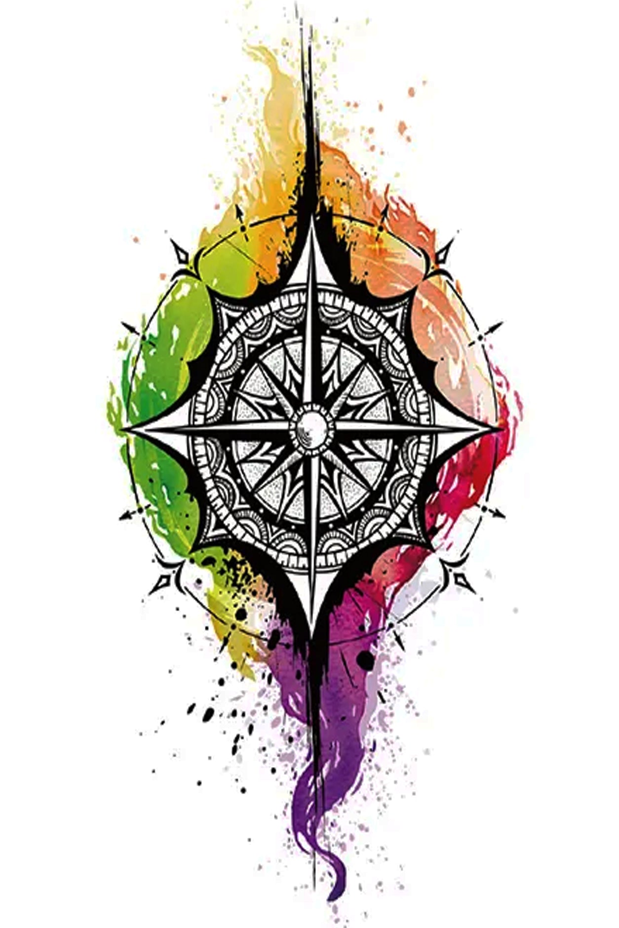 Set your direction right with this nautical star medallion compass surrounded by flowing rainbow waters.  Only you know that the road you take is the right road for you! Creatively wear this artwork on any part of your body, arm, leg, torso, or shoulder.