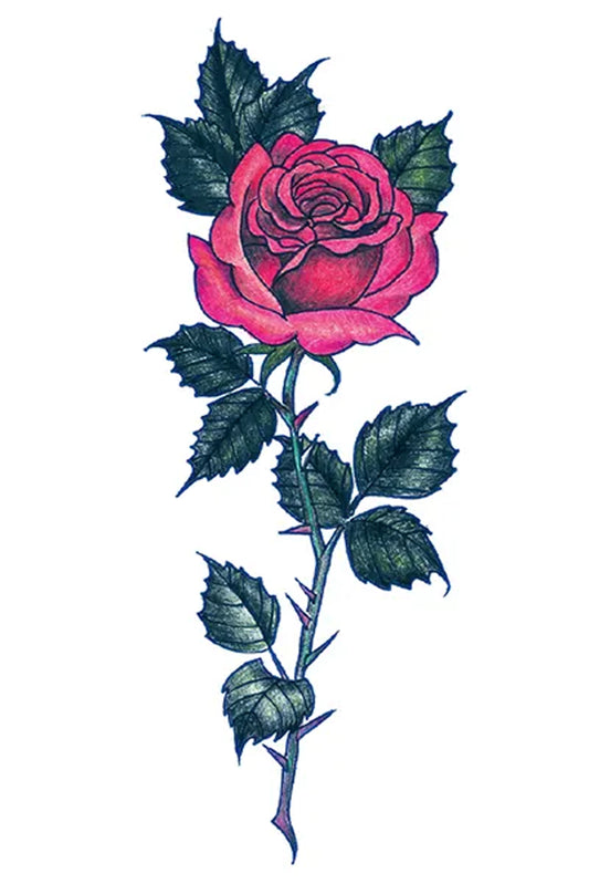The seductive single red rose is a symbol of romance, love, beauty, hope, and courage. Contrasting with this soft rose are the thorns that denote sorrow and hardship. A beautiful realistic temporary tattoo to wear creatively on any part of your body, arm, leg, torso, or shoulder.