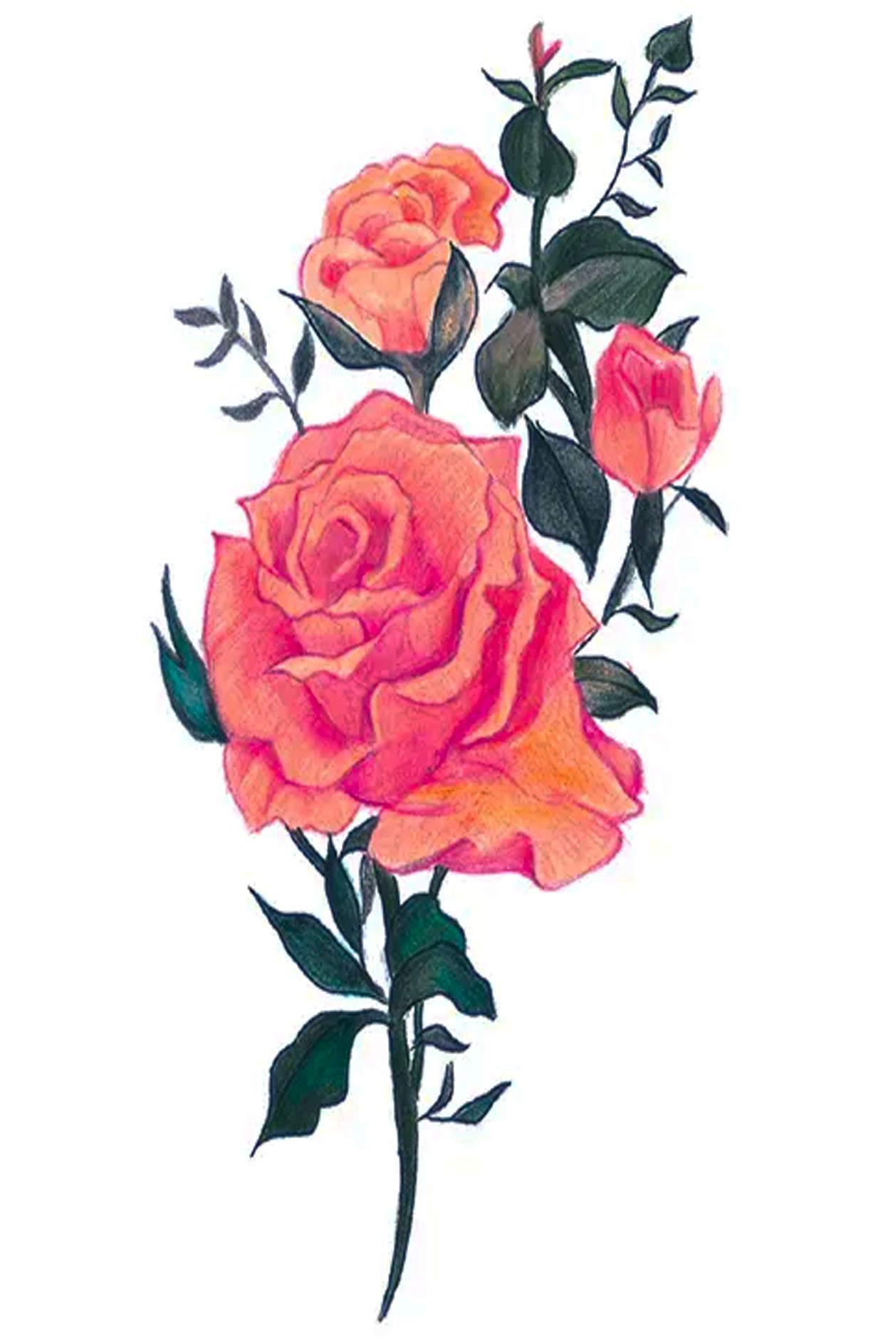 Peach roses are typically a symbol of sincerity, innocent affection, care, gratitude, and warm feelings. This artwork is an excellent way of showing gratitude, admiration, and thoughtful care as a gift temporary tattoo.