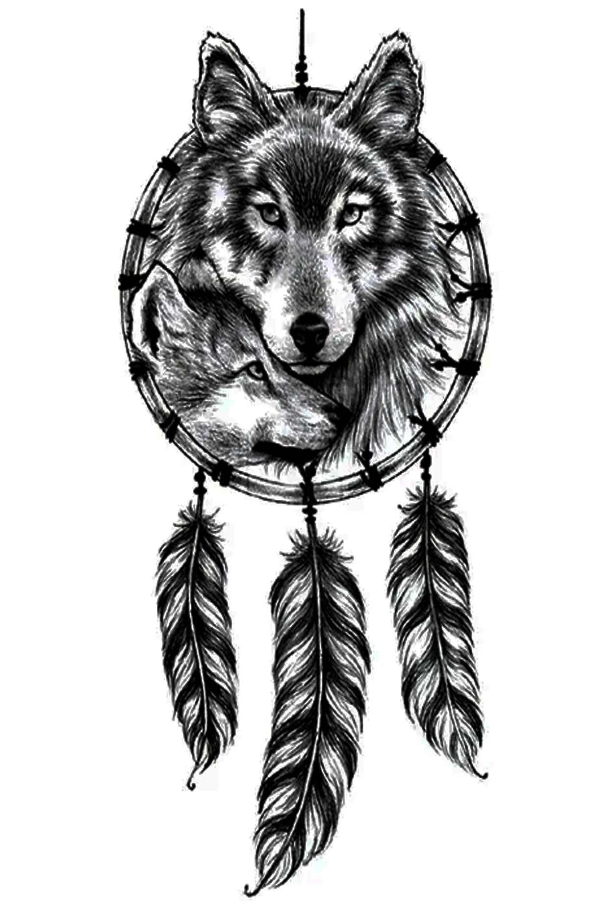 This female wolf is a symbol of guardianship, ritual, loyalty, and spirit; she is guarding her pup against bad dreams as the Native Americans did by hanging these creations above the cradles or beds of their young children to protect them from bad dreams and night. The three feathers are so good dreams fall upon the sleeping.   Creatively wear this artwork on any part of your body, arm, leg, torso, or shoulder.