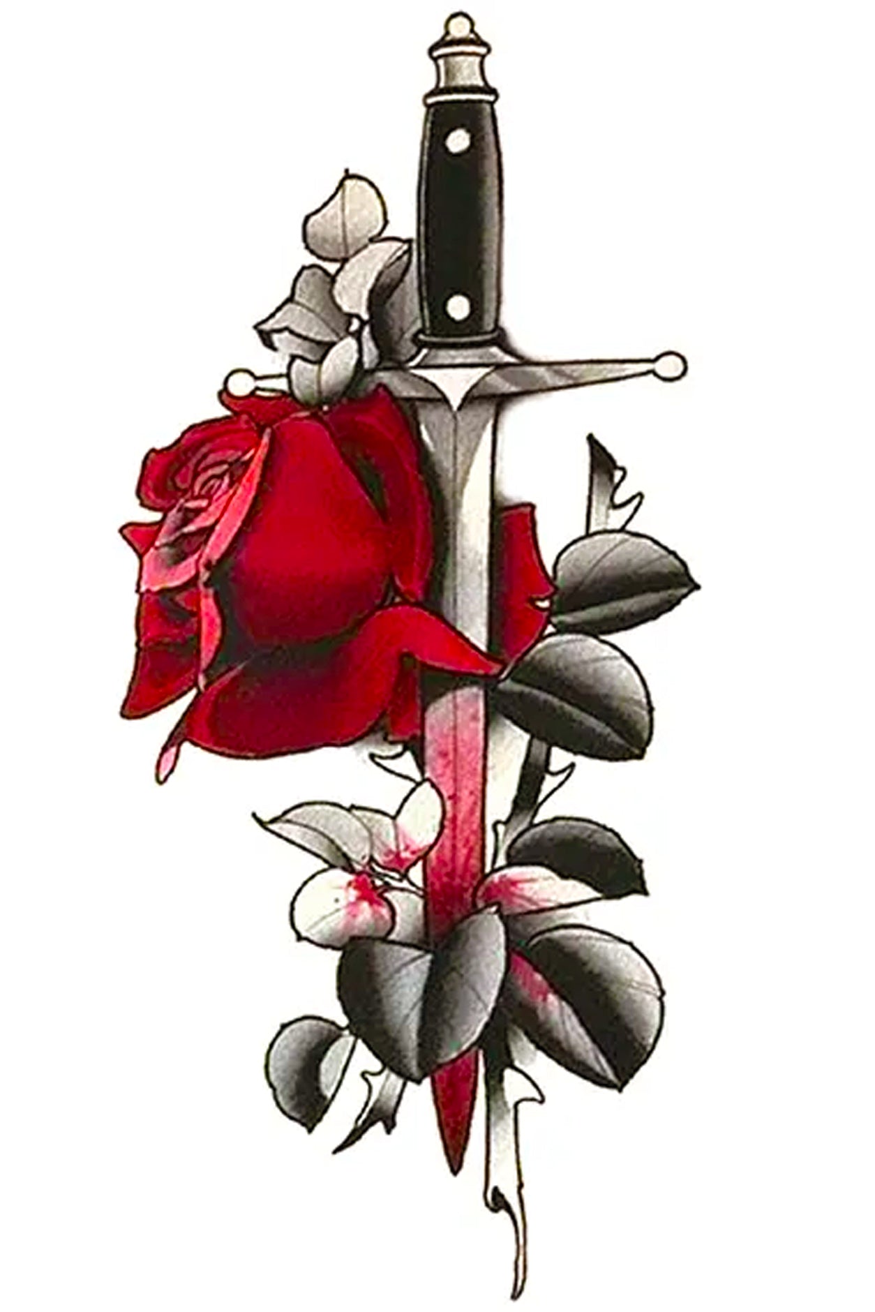 The combined rose and dagger tattoo symbolizes strength and endurance and the duality of good and evil. A red rose with a dagger through it is a symbol of a great love lost. Since it is a rose and not a heart, the love lost could be a pet, a bike, a boat, or other meaningful loss.  Creatively wear this artwork on any part of your body, arm, leg, torso, or shoulder.