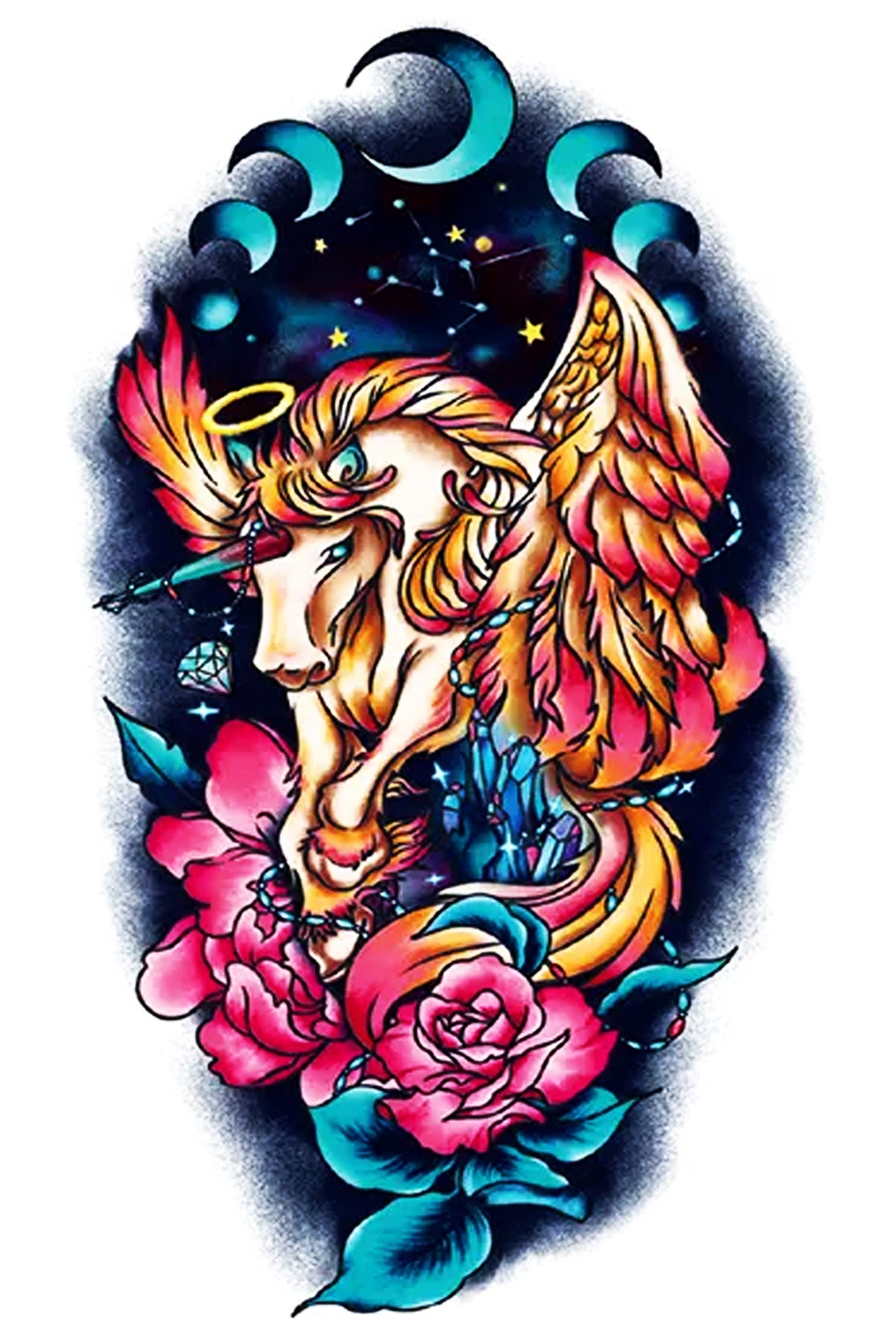 A magical, mystical white unicorn is a symbol of purity, healing, and innocence. The moon’s phases over the unicorn are a restoration of balance to life, and the full roses below are presented in gratitude and admiration for the unicorn. This colorful artwork will be genuinely magical on any arm or leg.  Creatively wear this artwork on any part of your body, arm, leg, torso, or shoulder.