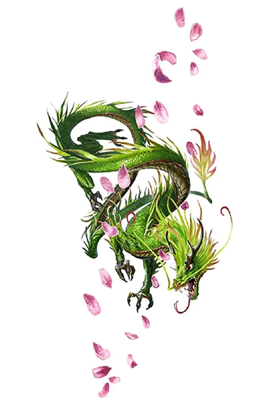 This bright green dragon is playing with a snowfall of pink petals. An asymmetrical design highlights the aggressive but playful action. Their twisting body shows activity, and details include scales, claws, teeth, and horns.