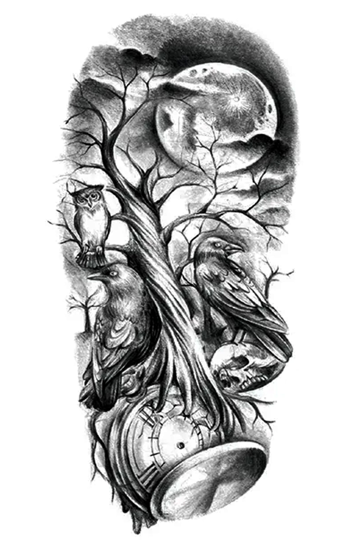 Crows and owls symbolize transformation and change. They are watchful creatures that have sharp and powerful foresight. In this artwork, an ominous moon glows over an abandoned tree as the crow and owl watch over a skull—an artistic approach to life and death and that time is always ticking away.  Creatively wear this artwork on any part of your body, arm, leg, torso, or shoulder.