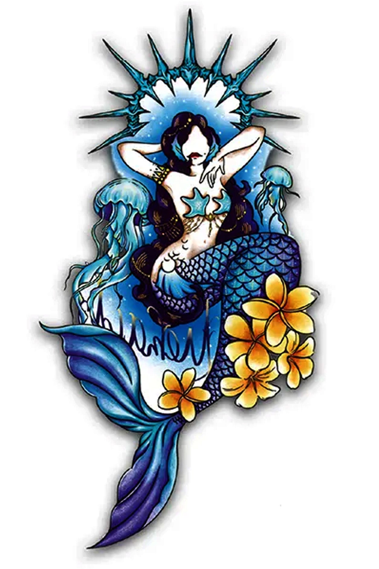The blue mermaid mystical peacekeeping force to protect nautical maritime adventures. This magical mermaid is matched with golden jasmine flowers, which show trust, integrity, bravery, and loyalty. The artwork stands out and seems to lift off the skin in a 3D look with the shadow behind it.  Creatively wear this artwork on any part of your body, arm, leg, torso, or shoulder.