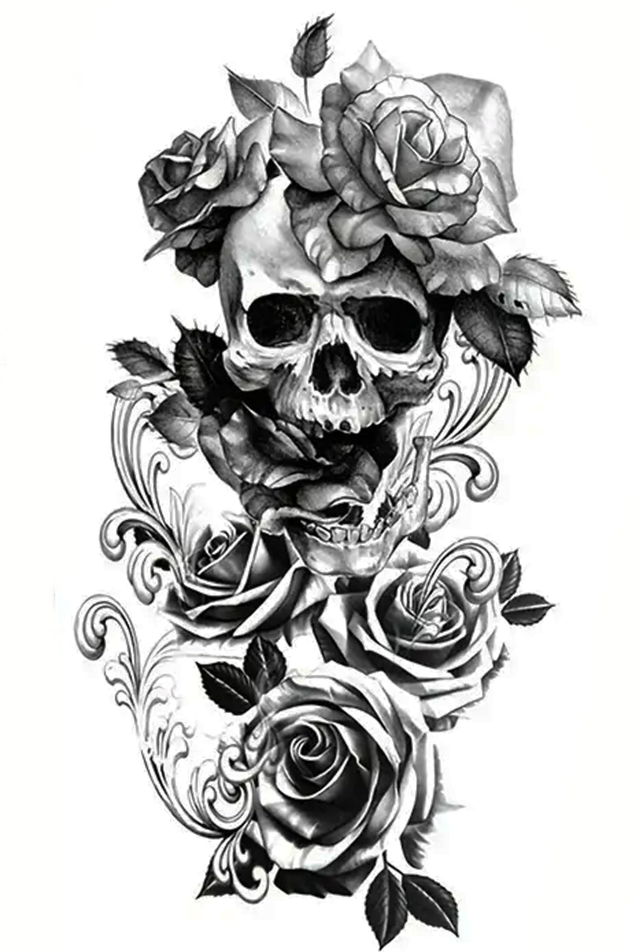 This tattoo of a smiling skull surrounded by full roses and fleur de lis scrolls celebrates death and the afterlife rather than real life. The skull’s former owner celebrates his life with roses, the ultimate symbol of spirituality, purity, and innocence, a perfect tat for an arm or any body part.