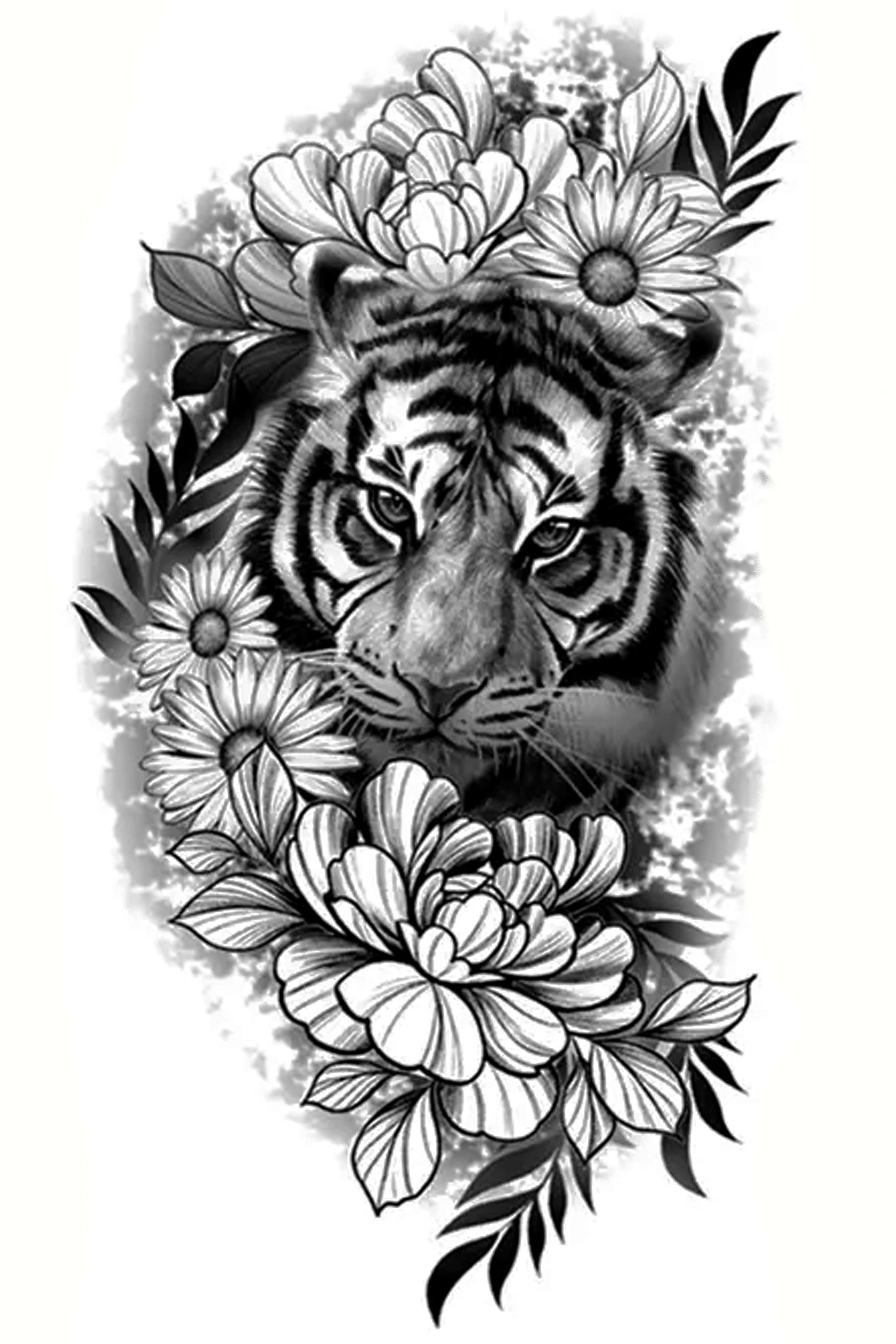 Tigers symbolize good luck, strength, cunning, majesty, independence, and immortality, contrasting with daisies representing delicacy, innocence, joy, and cheerfulness. The comparison of the two is that both have a loyal warmth. This tattoo is recommended for the arm but applies to any body part