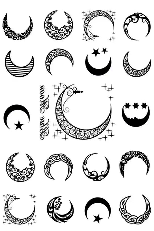 An artsy collection of 19 moons and Blue Moon text. These moons will be waning and waxing crescents through a semester at college by wearing one every few weeks. Moons have filigree, stars, scrolls, and plenty of design.