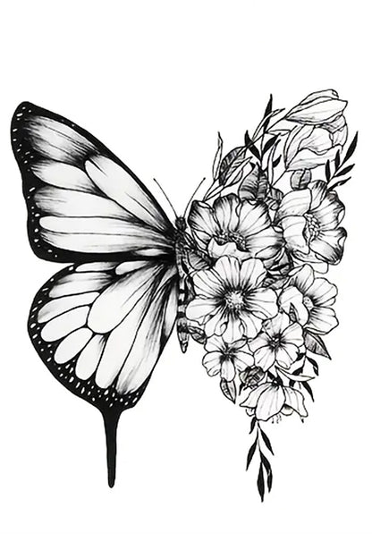 Soft and delicate as a Monarch butterfly. Similar to a traditional inked tattoo design is a Monarch butterfly; half of its wing is contrasted by detailed flowers.