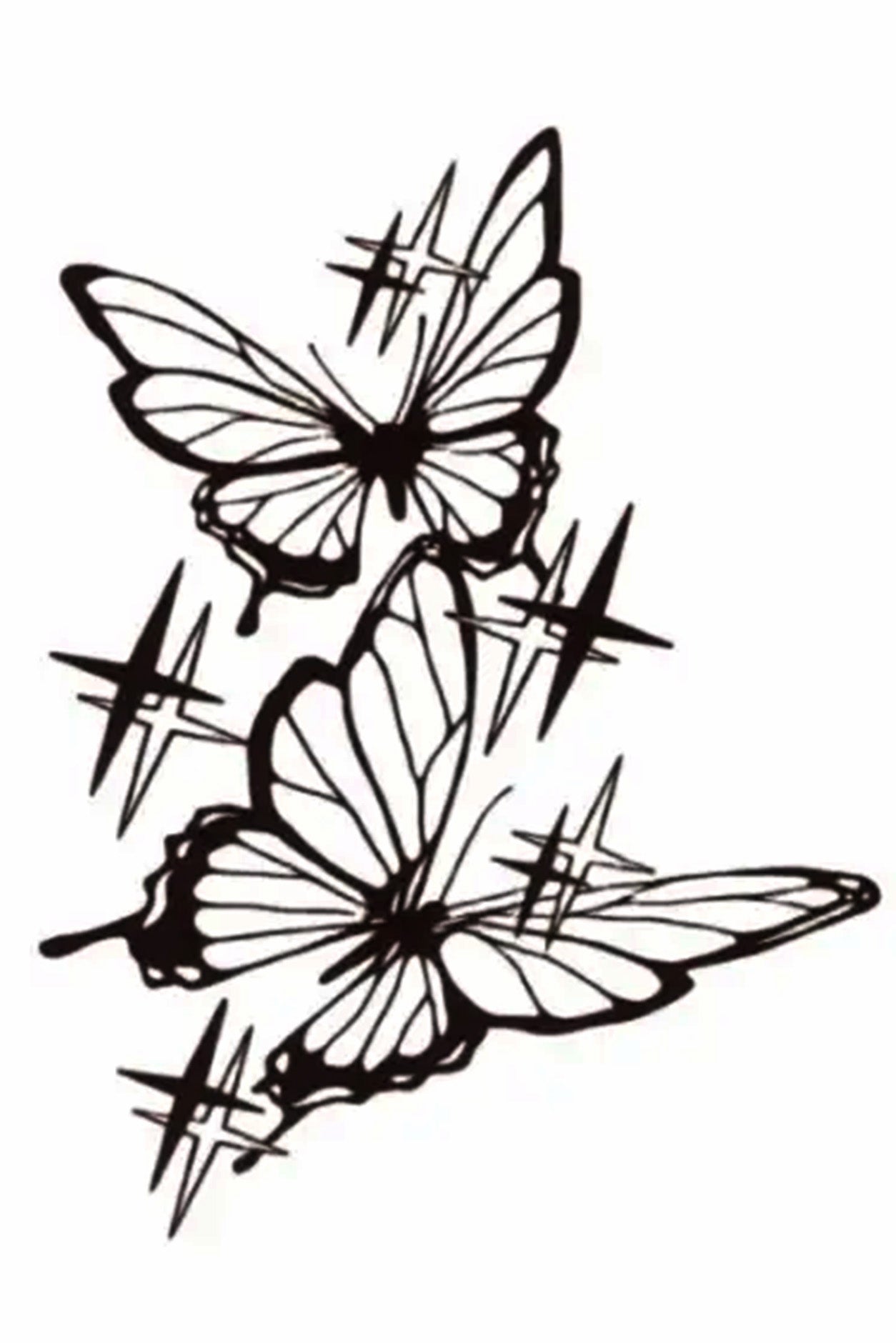 Two full-size butterflies in flight. As they fly, a sparkle of life and happiness is left behind. This tattoo is done in a traditional ink tattoo look, but we won't say that it is temporary!