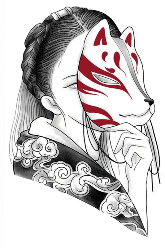 A traditionally dress Japanese girl shyly hides behind a beautiful Kitsune mask of a cat or fox.  Historically, foxes were viewed as magical creatures with the ability to shapeshift in the forest like a cat. The thirteen different kinds of Kitsune each have their own element, including heaven, darkness, wind, spirit, fire, earth, river, ocean, mountain, forest, thunder, time and sound.