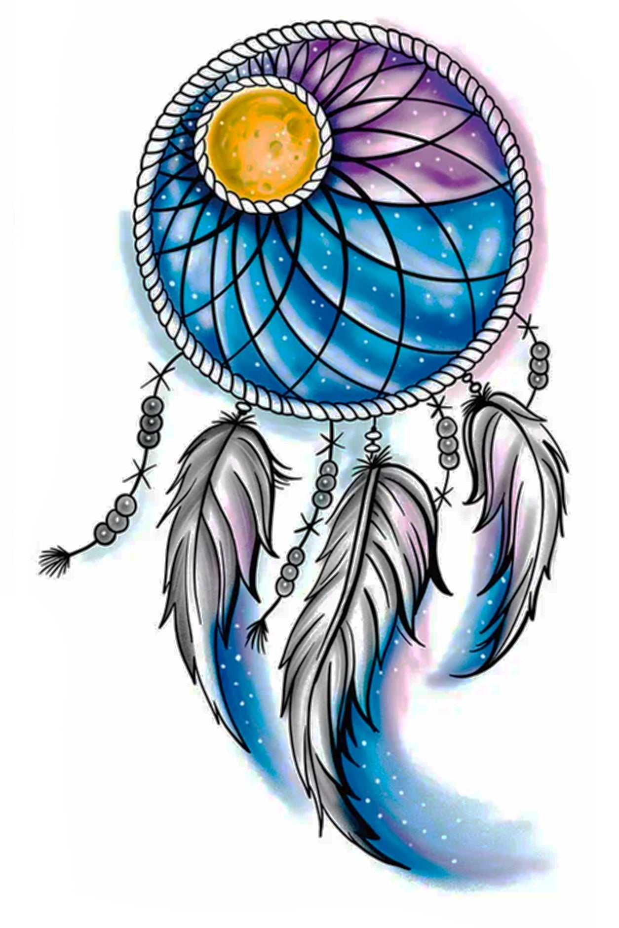 Dream Catchers are often referred to as “Sacred Hoops.” They can be traced back to the Ojibwe Native American tribe, where they were initially used as talismans to protect sleepers from bad dreams by holding the bad dreams in their web until morning. This web is designed as a flower with a golden moon and three matching soft feathers and beads.