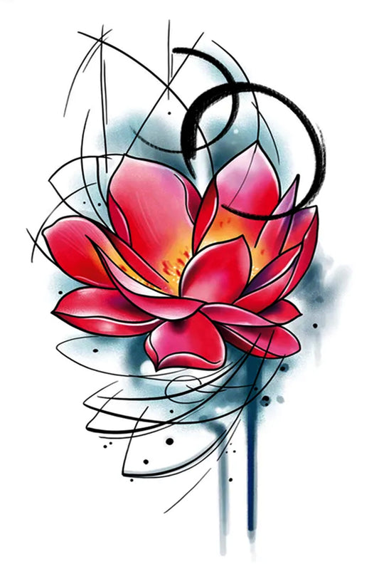 A large rose pink colored lotus flower is floating along in a sea of flowing lines and circles. A fluid blue-grey background is filled with this exotic flower. This is a perfect symbol of calmness, rebirth, and enlightenment. Creatively wear this artwork on any part of your body, arm, leg, torso, or shoulder.