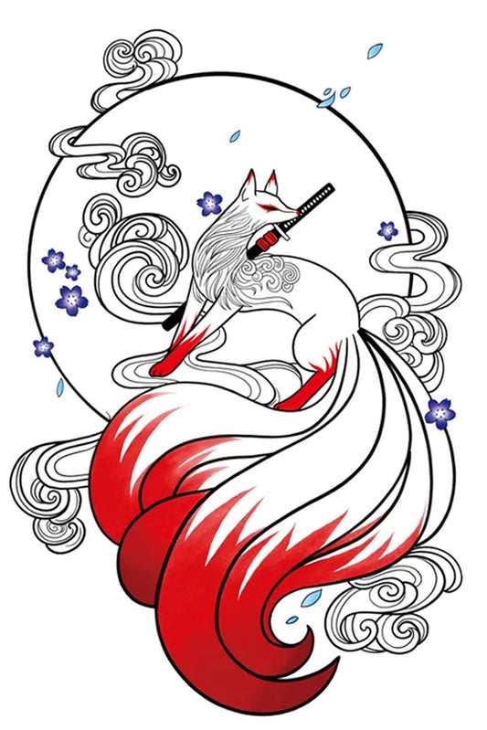 The Japanese Kitsune myth has reinforced the fox's supernatural significance. The number of tails indicates the level of wisdom and magical prowess. The nine-tailed fox is considered especially powerful. His tail is red to ward off enemies as he guards the nighttime clouds and full moon.