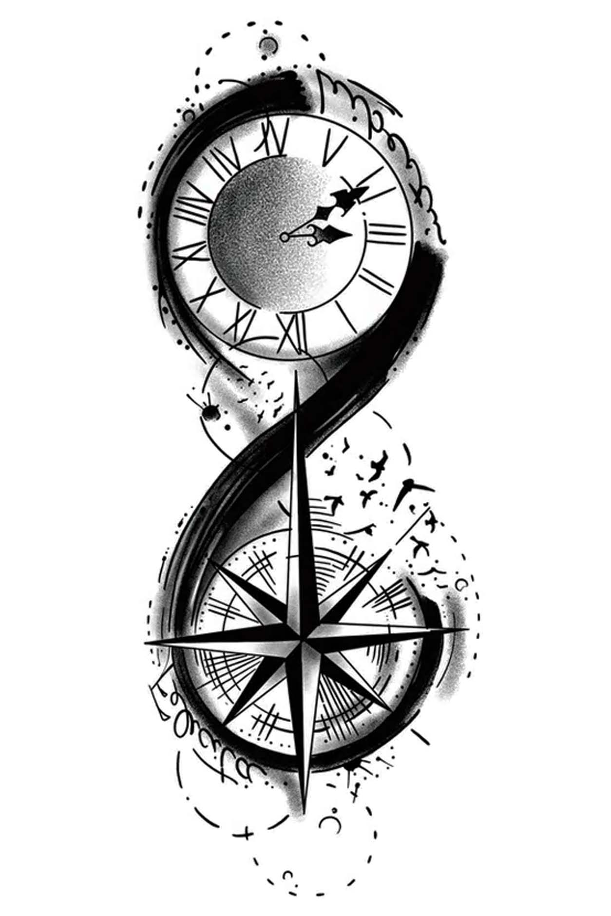 It is time to head in the right direction. When paired with a compass, this clock tattoo represents life's direction and path. The text around the objects is Liberti which means the power to please, while Felicita's immense happiness, birds, and circles add flow to complete the art. Asymmetrical artwork in a figure eight shape