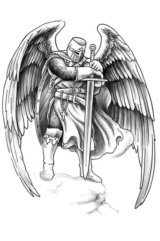 This knight is a defender of evil and a protector of his beliefs, faith, and dreams. The angel knight stands on the highest rock, praying. He has his shield, sword, rosary, and angel wings out and resting.