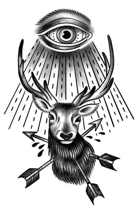 The omnipresent Eye of God is watching over nature and humankind. The buck represents dignity, power, inner strength, and passion. A deer struck in the neck with an arrow is often lost. A deer struck with 3 arrows is mankind still trying and natures defiance.