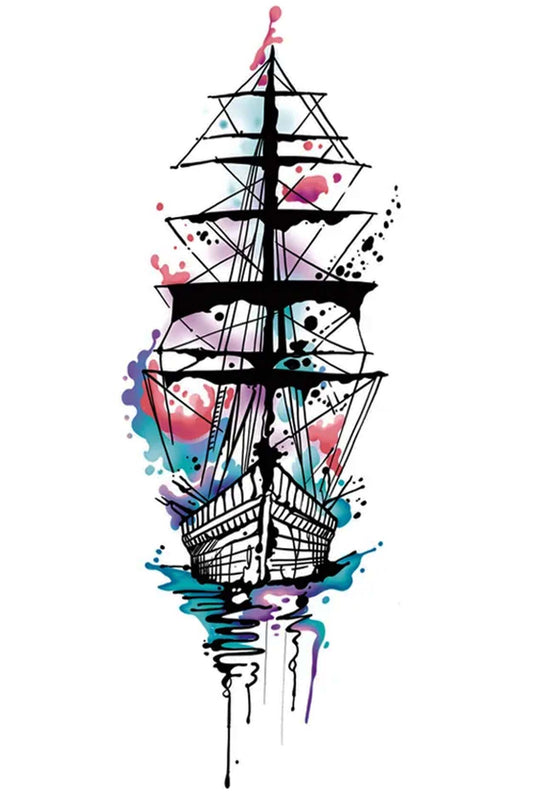 A pirate galleon is at rest, sails down and the artistic sky and water is a blaze with pink, fuchsia, and teal blues. The asymmetrical artwork is gender neutral with a nautical pirate flair.