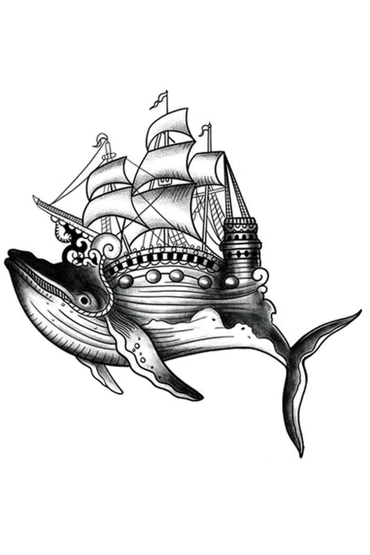 Vintage schooner is being led by a whale. Creatively wear this artwork on any part of your body, arm, leg, torso, or shoulder. The whale has a rope in his mouth dragging the 1850's ship along. A contrast and comparison tattoo of two great strengths who were friends and enemies at times.