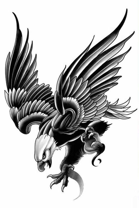 An eagle symbolizes spirit, freedom, strength, immortality, and self-expression. A tattoo of an eagle landing bestows the courage to look ahead using honesty and true principles. This fierce eagle looks ready to embark on prey. It also shows magnificent patriotic strength. The ink is heavy in this artwork which adds to the strength that it projects,
