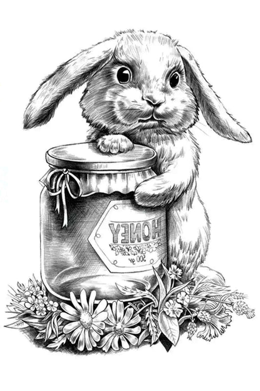 Honey is always trending. Add a soft, sweet bunny and wildflowers for a truly feminine tattoo. Honey bunny is term of endearment is very popular among newly-in-love couples and those who want to brighten up the endearment! The bunny sits upright on a bed of flowers and hugging a jar of honey.