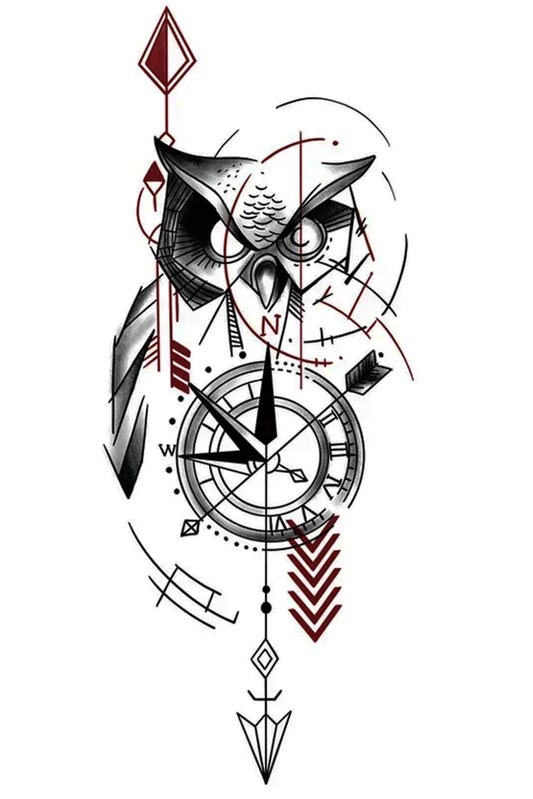 When an owl crosses your path, it is a sign that it's time for a leap of faith into the unknown adventure. This owl tattoo shows direction through arrows, circles, and a compass. Owls usually perch facing north, rarely south or east, as the arrows point in this compass. Creatively wear this artwork on any part of your body, arm, leg, torso, or shoulder.