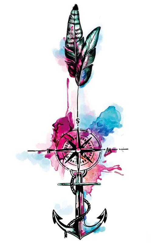 This tattoo is a classic nautical combination of an anchor, compass, and feather. Traditionally, anchors and compasses symbolized home, safety, and hope and were often tattooed on sailors after inaugural crossing the ocean. The feather represents that land was near at first sight of a bird. The colors represent calm sunsets in pink, blue, and green hues. Image is asymettrical in shape.