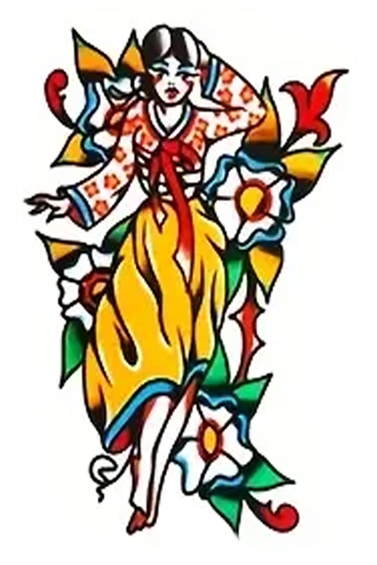 This artwork has a woman in an island dress from the early 1950s. There is a bouquet of flash art flowers from that time period behind her. The colors used in tattooing at the time were solid and heavy in red, gold, blue, and black inks. Many times, a sailor in port would get a tattoo of a woman to take with him on long adventures at sea.