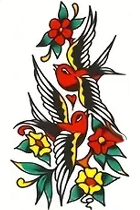 This vintage tattoo is just like a sailor would have worn in the 1950s. The love birds have a red heart between them and flowers circling around. The whole tat is done in vintage ink colors of gold, green, red, and blue.