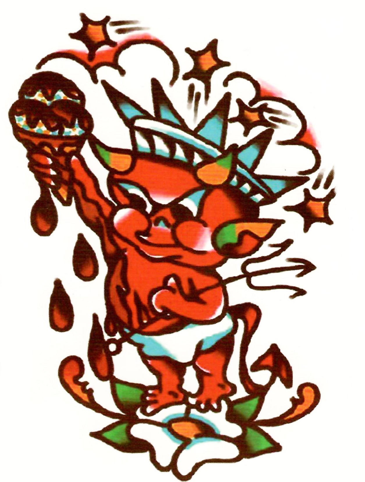 This hot stuff little devil first appeared in 1957 in a comic book before being inked on sailors. He is a red childlike devil in a cloth diaper who causes trouble. In this vintage tattoo replica, he is dripping ice cream all over. In vintage tattoos, classic colors of gold, green, red, orange, black, and blue.