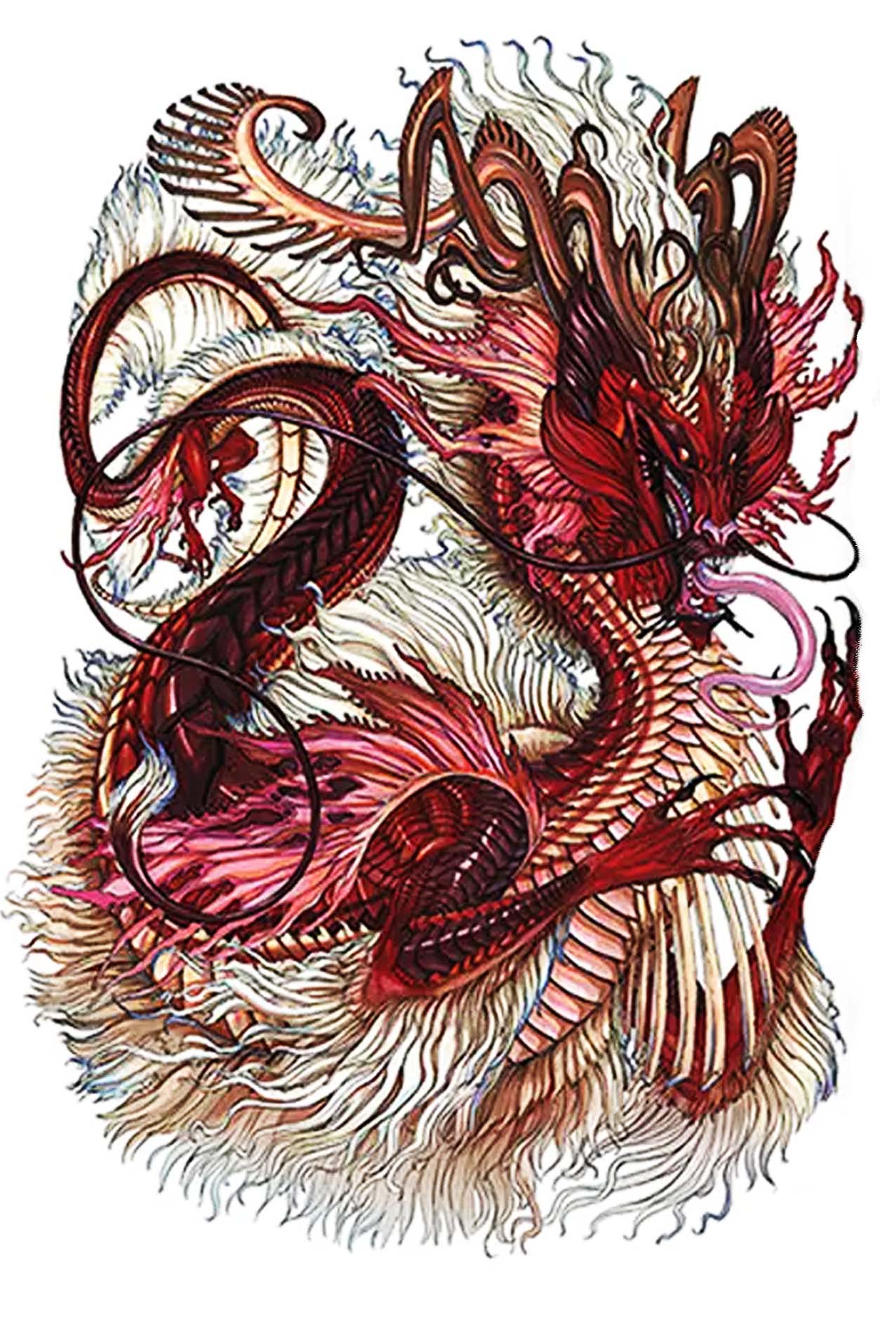 A giant full-body dragon graces this back tattoo in all of his mature glory. He shows all his features, from horns, scales, feathers, claws, beard, and even his long pink tongue. Enjoy this dynamic piece of artwork on your next beach trip. His colors are black and gray with shades of rose to maroon .