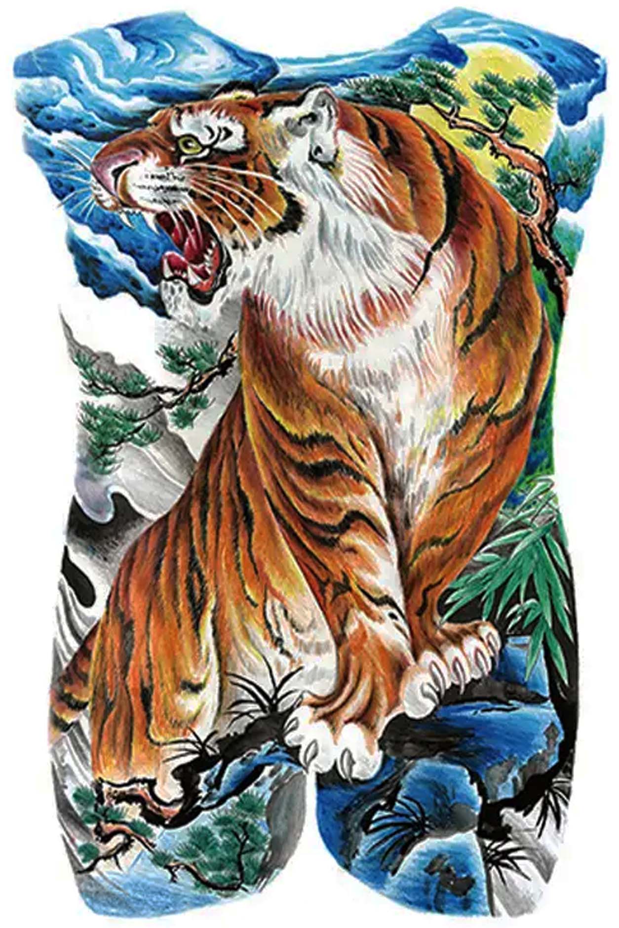 Stay alert with this tiger on your back! Orange tigers are cunning and suspicious in a clever way. They exude strength, independence, and assertiveness. This tattoo will take power over your back as he stands proud over a colorful valley full of bamboo.