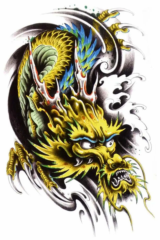 Is this dragon retreating or preying? His large face has a look of fierce determination on it. The design has tons of motion and includes details of claws, horns, scales, and fangs. The dragon is yellow, green, blue, and black colors with highlights of blood red. Show this tattoo off your next day at the beach or gym.
