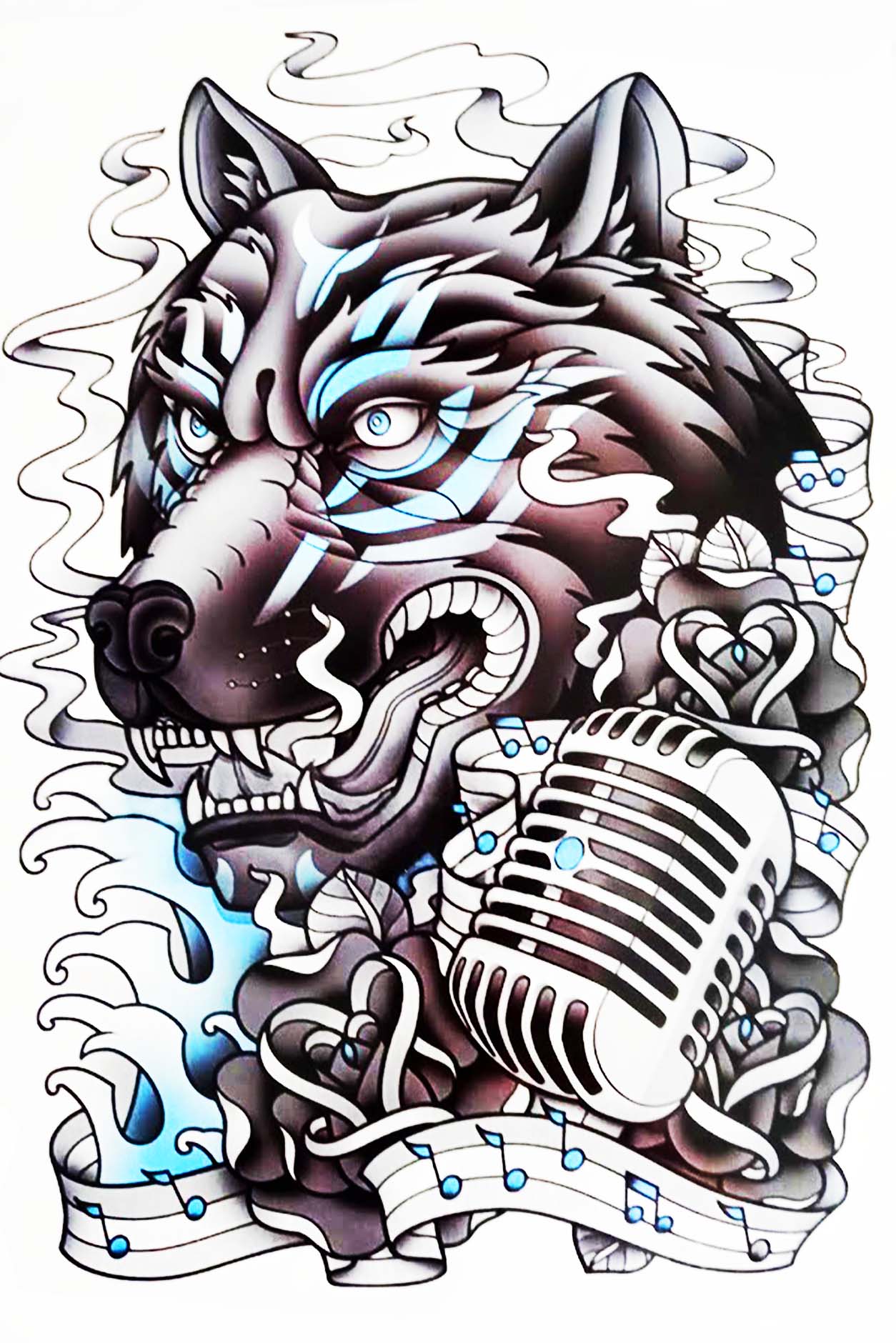 A black wolf has countless blues bellowing out of him. A vintage classic microphone and flowing notes fill the background bringing this wolf alive with musical motion. This full-back tattoo is a nod to the smokin’ blues days of Muddy Waters, Howlin Wolf, and many notable music legends of the 1950s and 1960s.