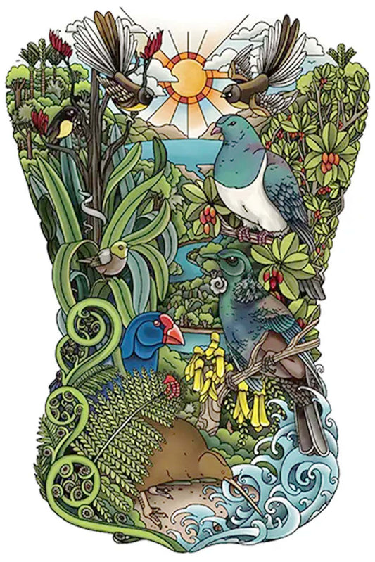 This full-back tattoo is pure tropical splendor! It has seven different tropical birds, water, streams, clouds, sunshine, fiddleheads, ferns, waves, and berries, to mention a few splendorous items. Enjoy tropical happiness even if you are stuck in town!