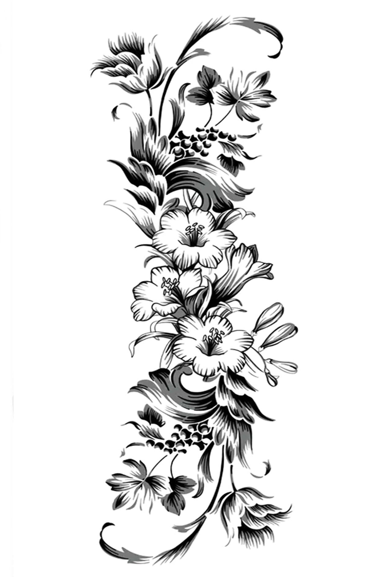 Traditional style tattooing in a long natural asymmetrical strand of flowers. This spray has young blossoms, berries and leaves in an overall scroll shape. It is a perfect welcoming tattoo for a slender arm, leg, or just above the bikini line.
