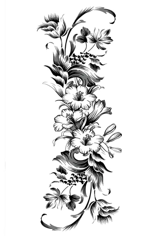 Traditional style tattooing in a long natural asymmetrical strand of flowers. This spray has young blossoms, berries and leaves in an overall scroll shape. It is a perfect welcoming tattoo for a slender arm, leg, or just above the bikini line.